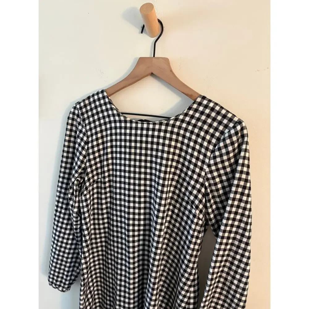 J. Crew Gingham Plaid Ruffle Dress XS Black White Tie Back Long Sleeve Twee
